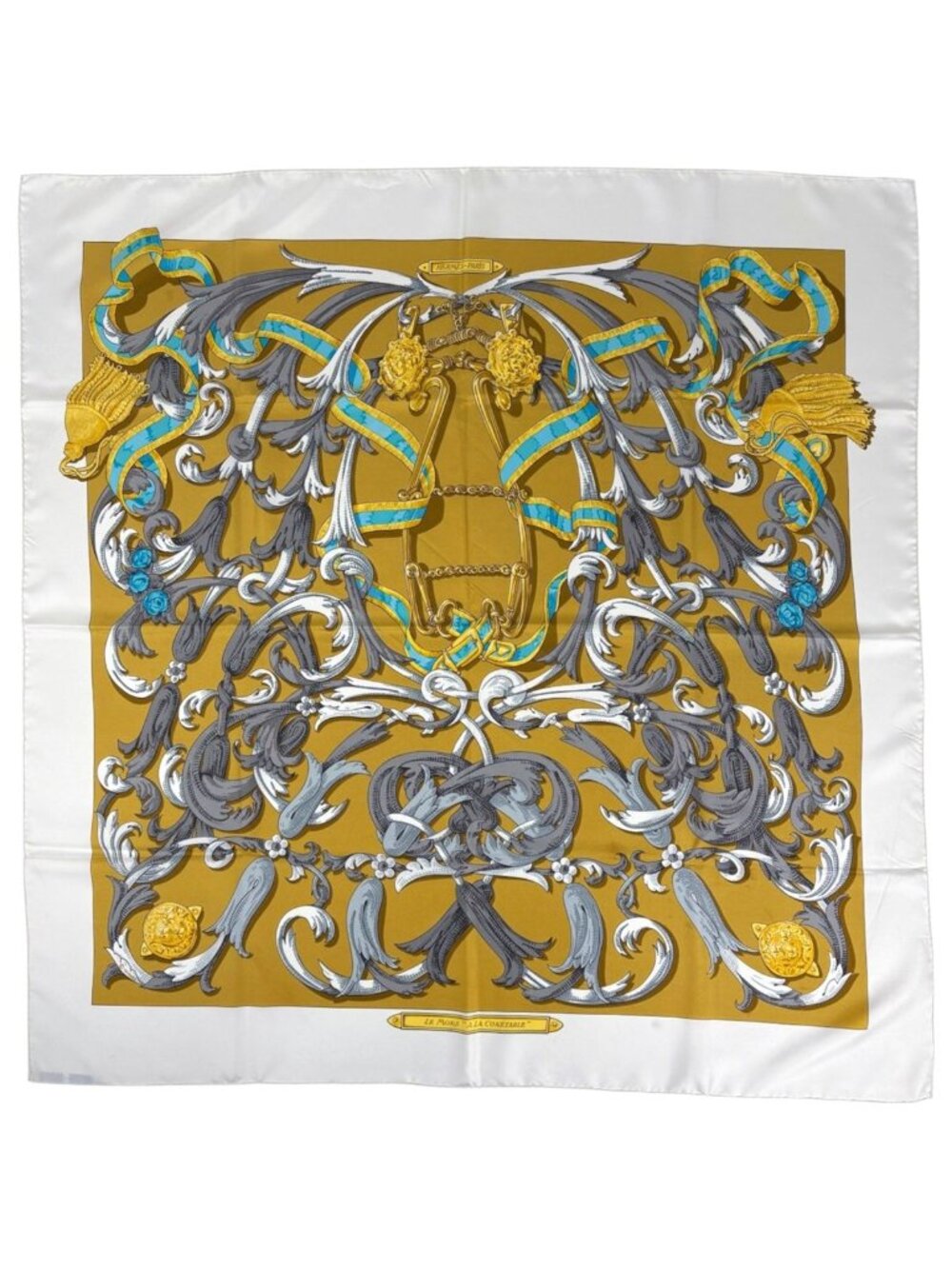 Hermes Carre 90 Le Mors a la Conetable Silk Scarf White Multicolor